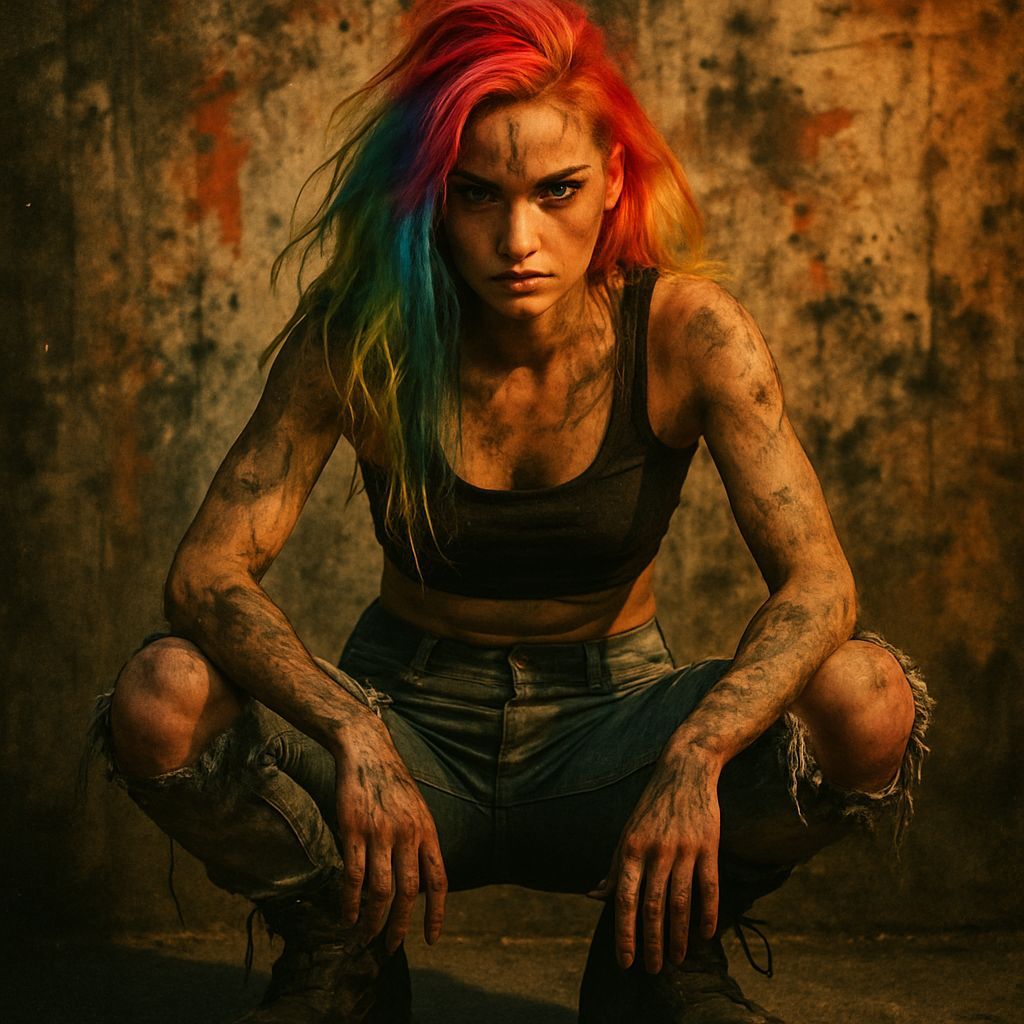 Rebellious Woman with Rainbow Hair in Dystopian Scene