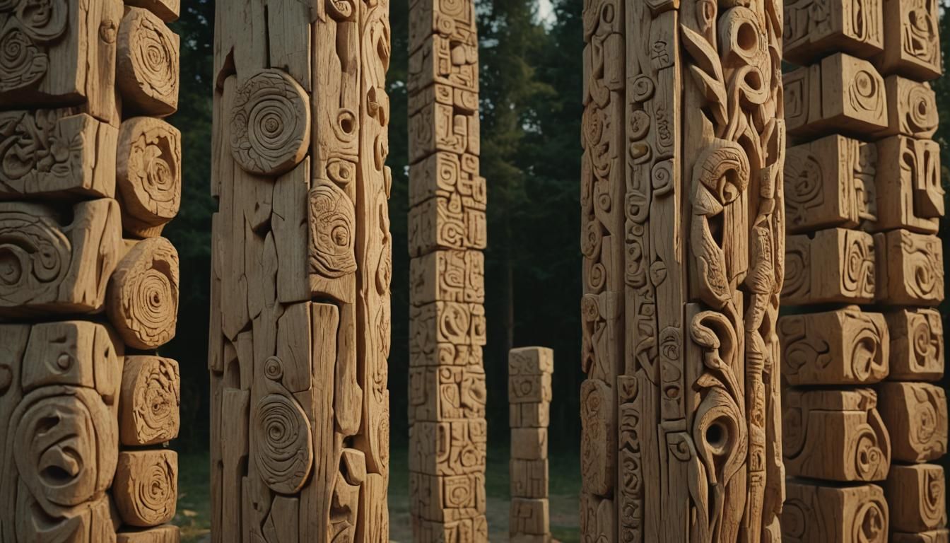 Detailed Carved Infinite Wood Column in Golden Hour