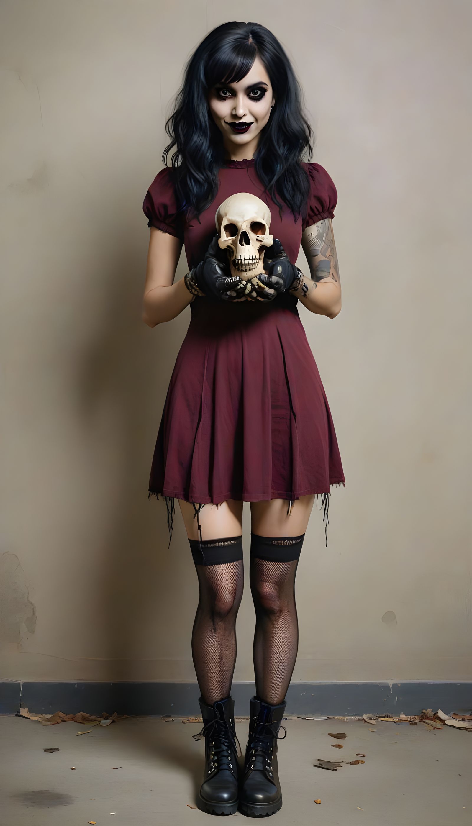 Grunge Goth Girl Smiles with Plastic Skull