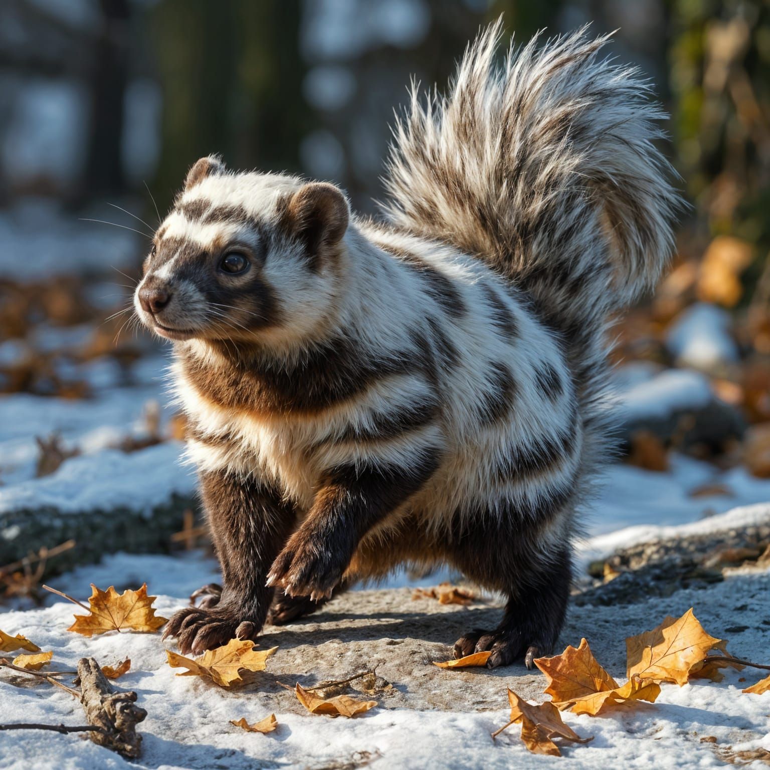 Fantasy Hybrid Creature: Squirrel Skunk Ferret in Snowy Fore...