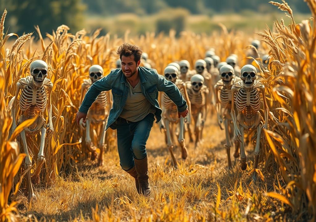 Wolf Skeletons Chase Man Through Cornfield, Professional Pho...