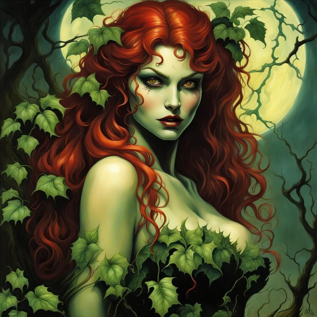 Gothic Poison Ivy Portrait in Oil Painting Style