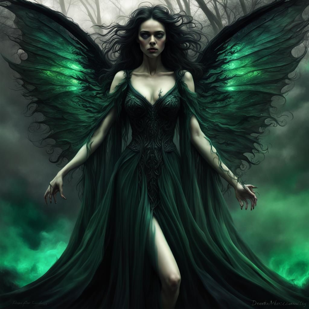 Cursed Crystal Fairy with Emerald Wings in Surreal Art