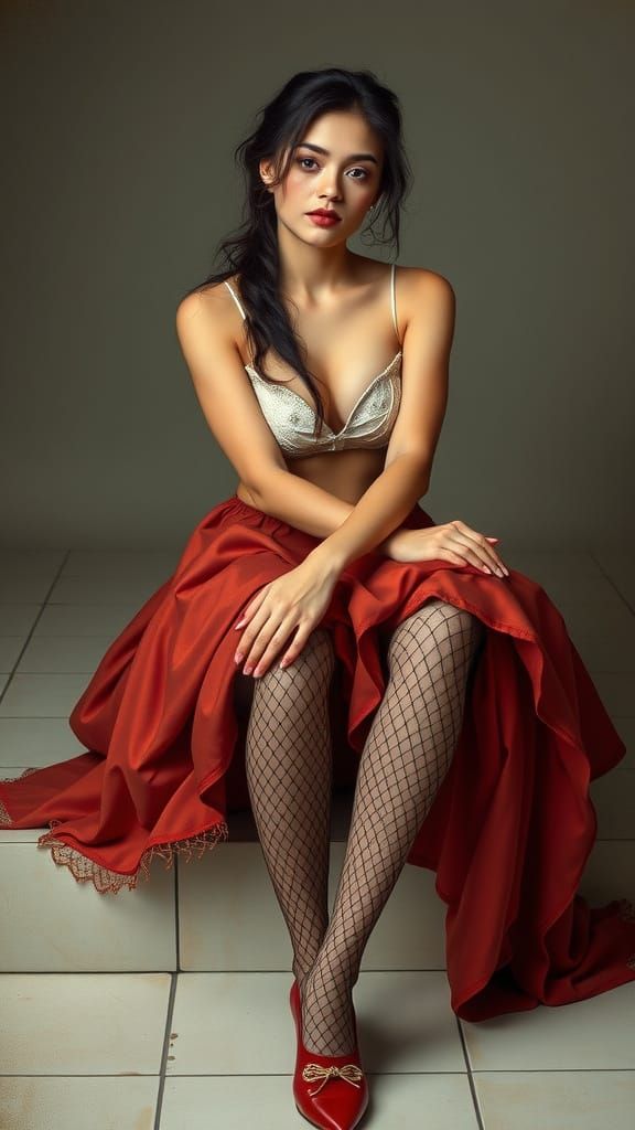 Elegant Woman in Flowing Skirt and Fishnet Stockings