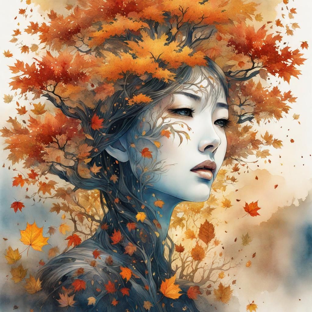 Autumnal Humanoid Tree Crying Leaves, Surreal Art