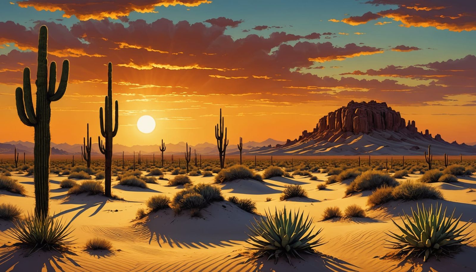 Surreal Desert Sunset with Cactus: Oil Painting Style