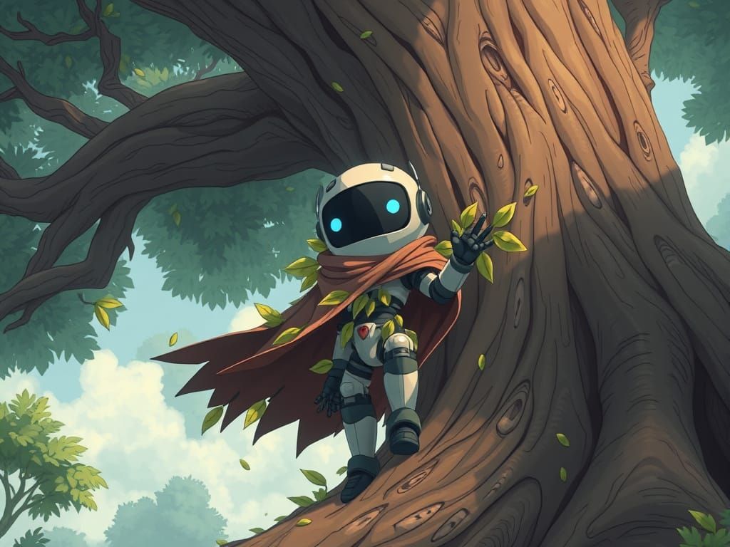 Cartoon Robot in Leaf Cloak Climbs Tree