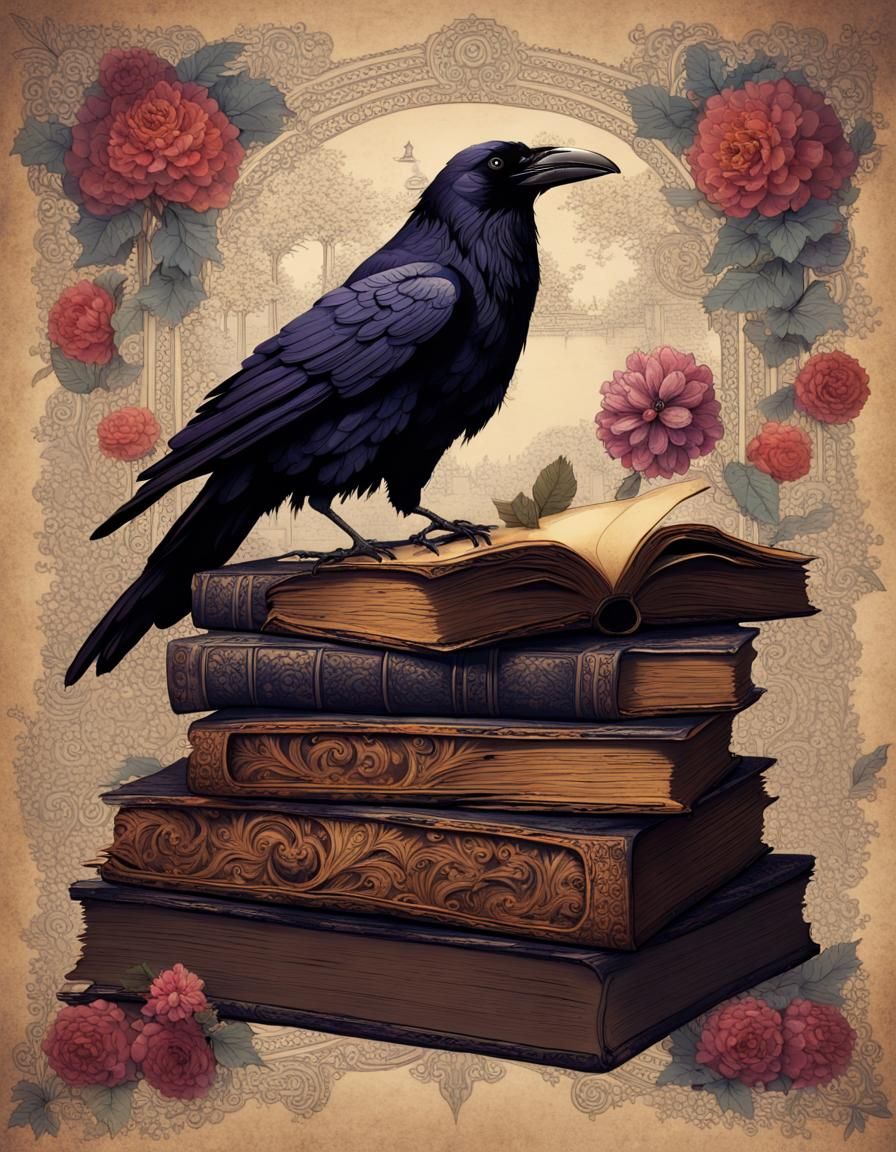 Raven and Books in Dark Academia Style