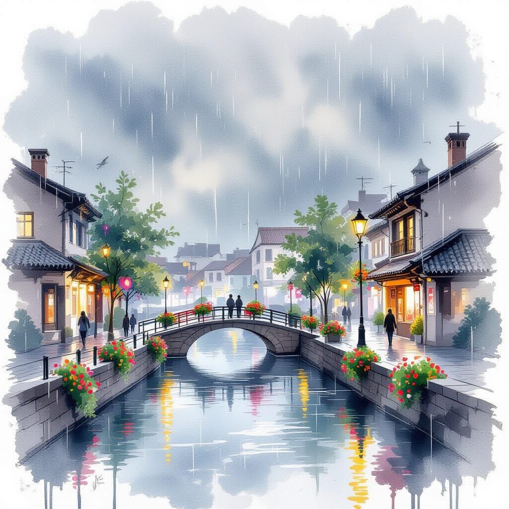 Watercolor Townscape with Bridge in Evening Light