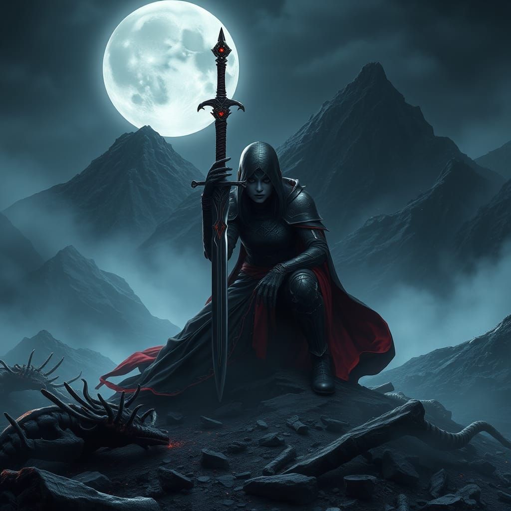 Dark Lady Warrior in Ethereal Mountain Landscape