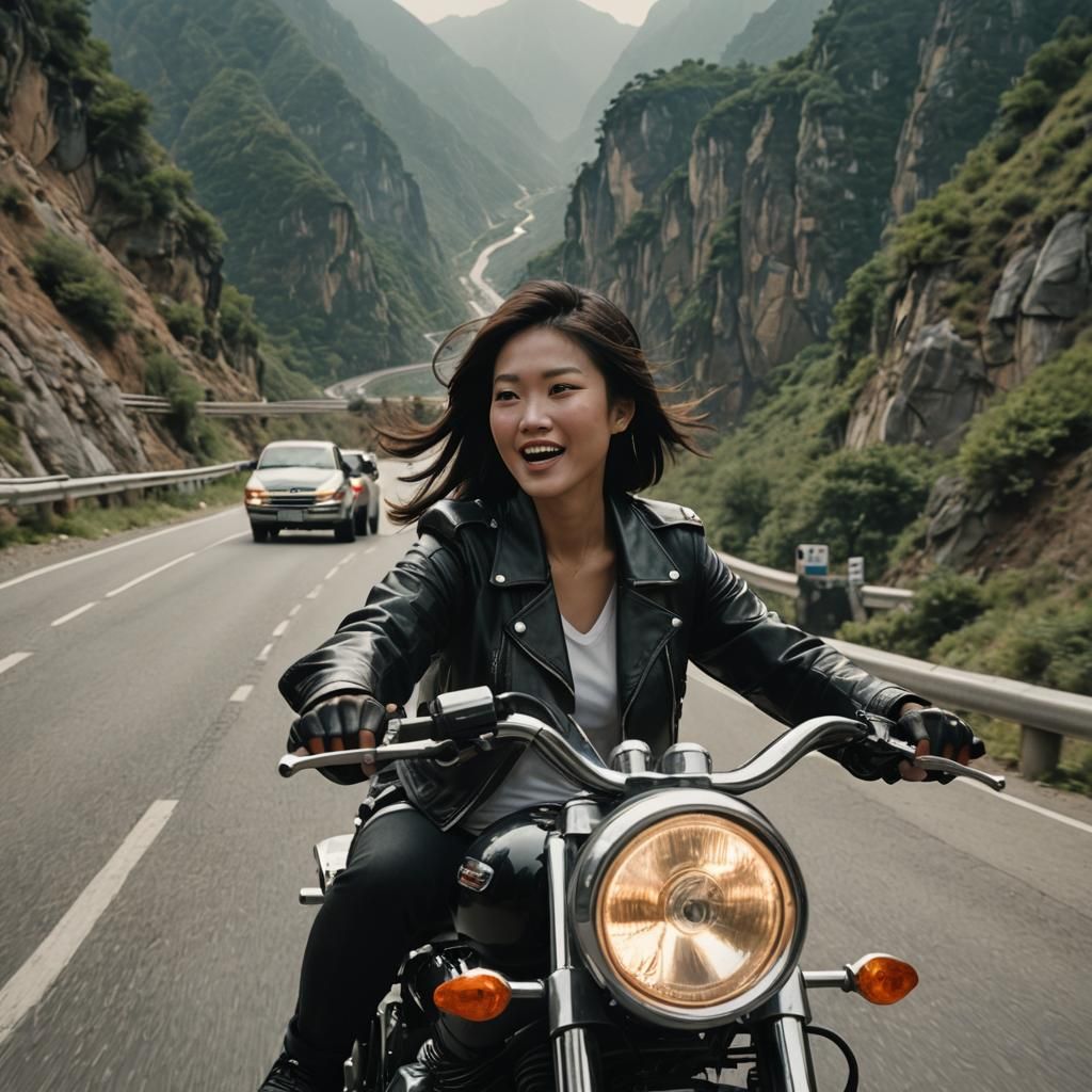 Woman on Harley Motorcycle: Cinematic Film Still