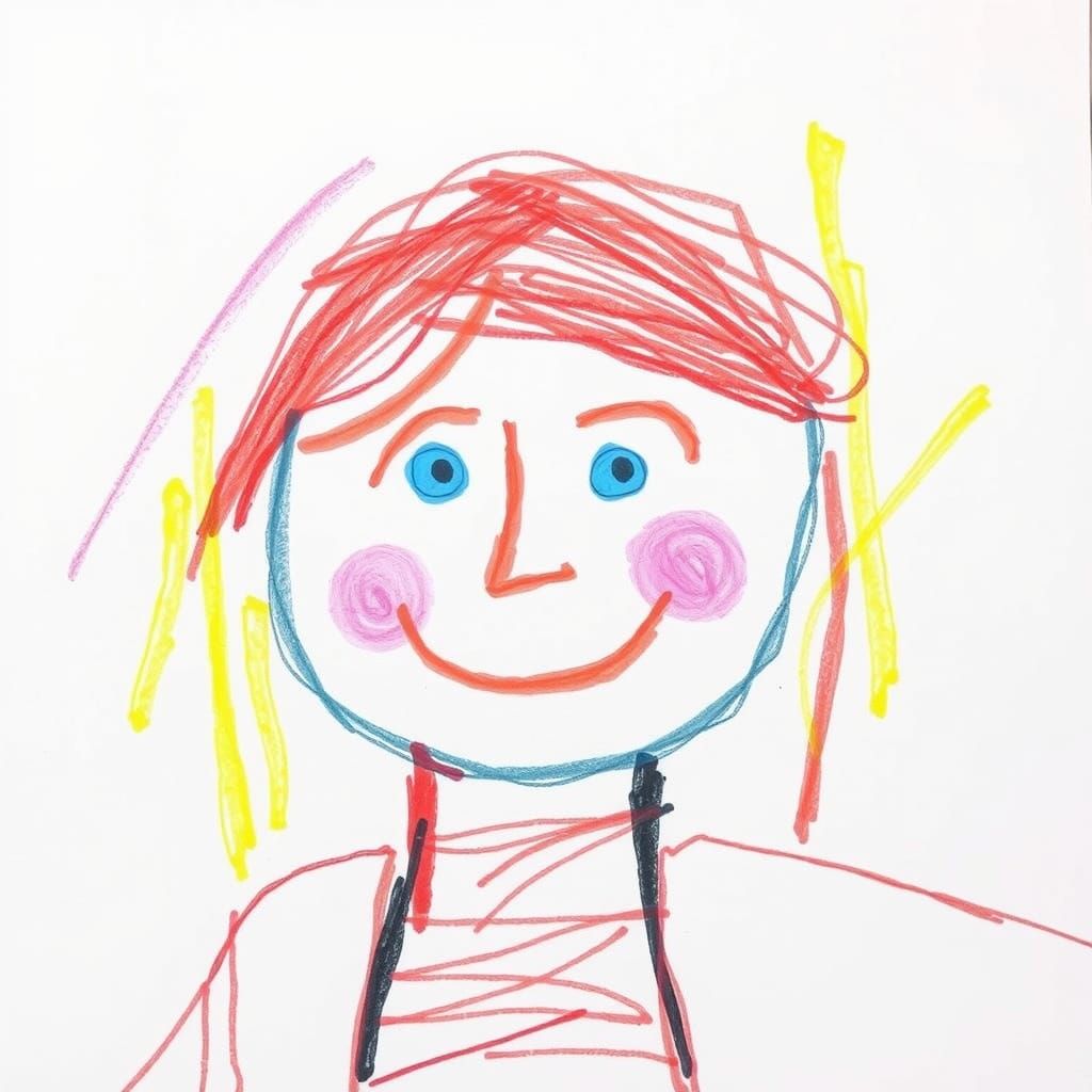 A crude child-like drawing in crayons
