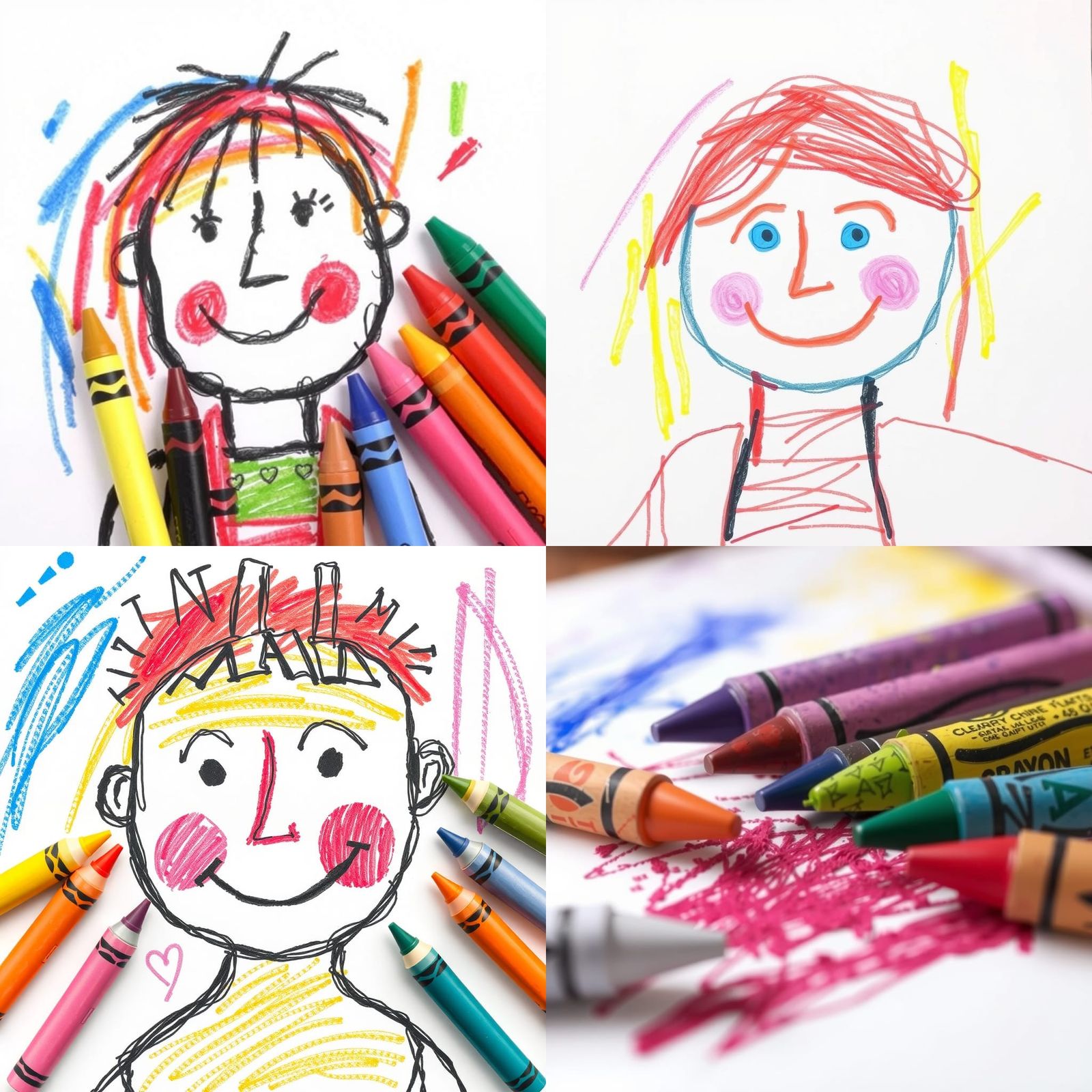 A crude child-like drawing in crayons