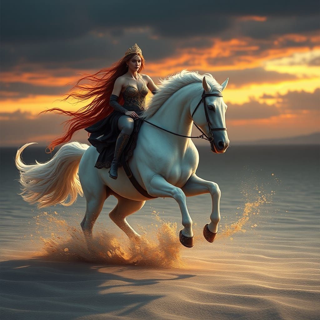 Lady Godiva Rides White Horse on Golden Beach