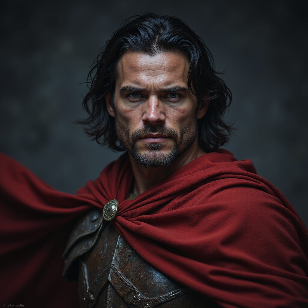 Rugged Warrior in Red Cloak, Against Dark Landscape