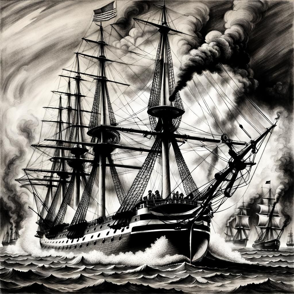 USS Constitution in Battle: Detailed Charcoal Drawing