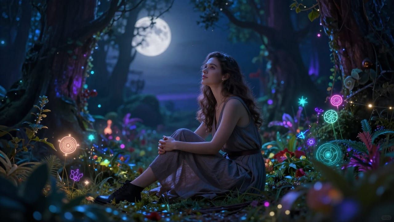 Enchanted Forest at Night: Serene Woman in Magical Moonlight