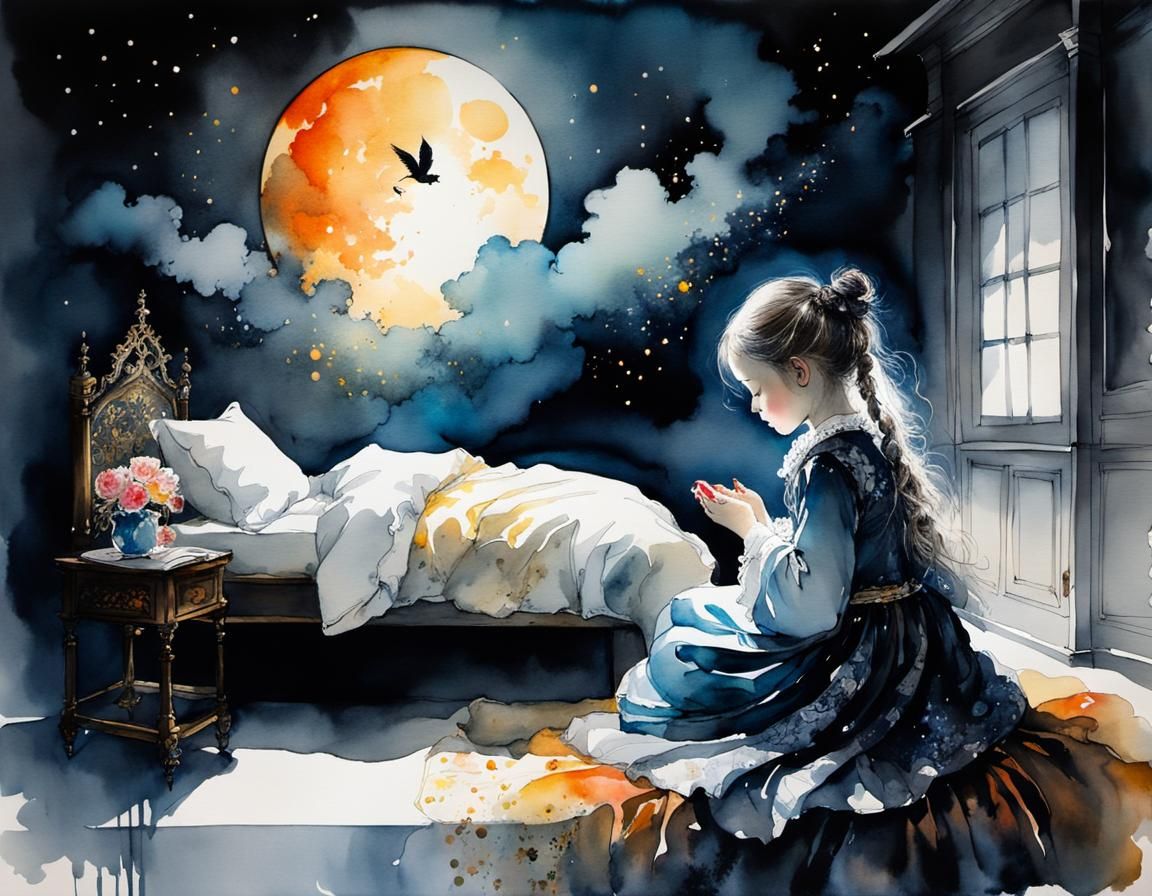 Child's Bedtime Prayers: Moody Rococo Ink and Watercolor