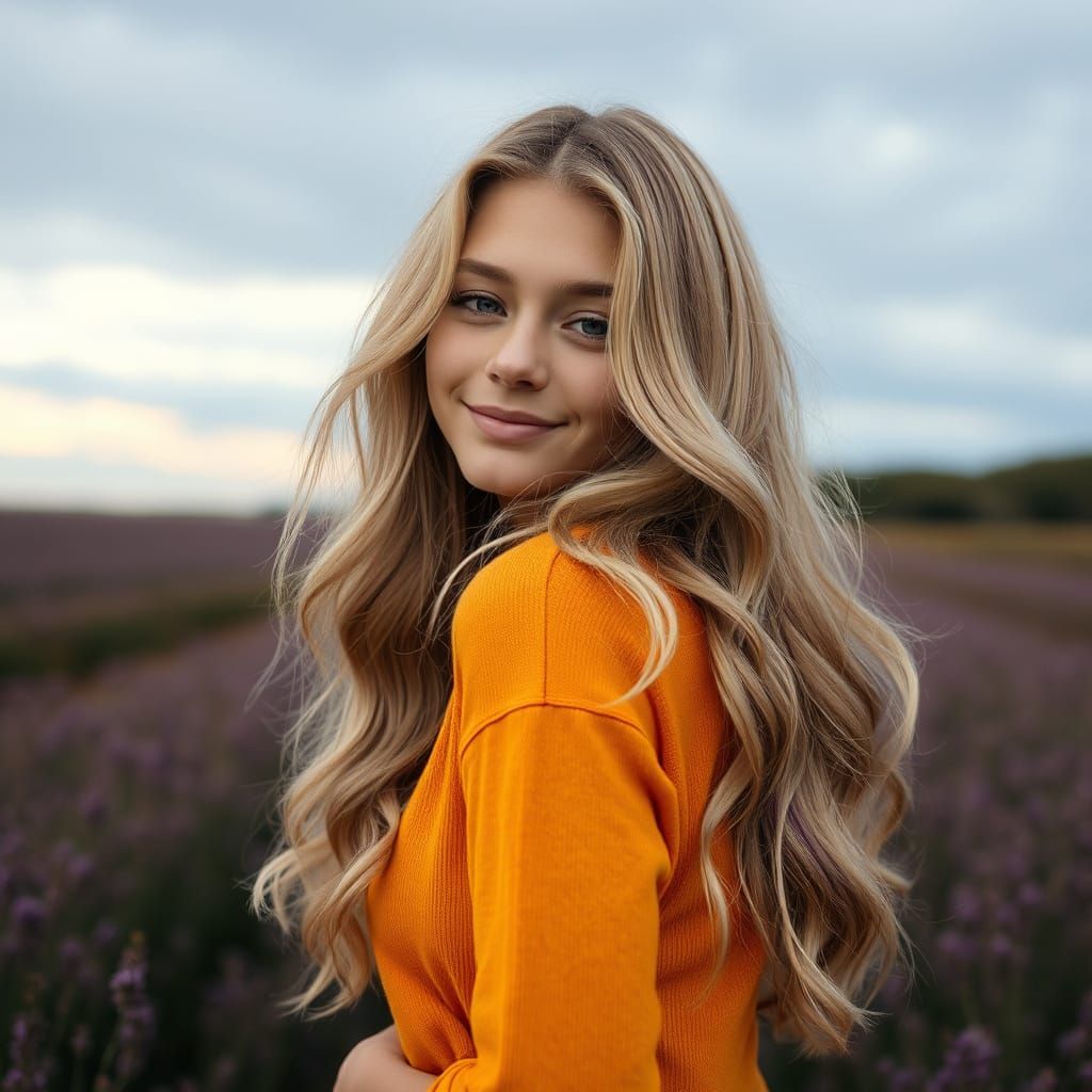 Young Woman in Heather Field with Blonde Hair