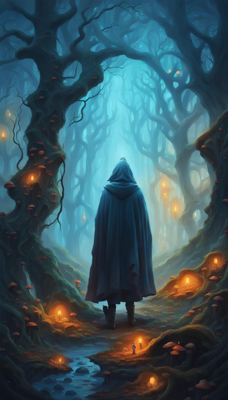 Mystical Forest Scene on Rainy Evening