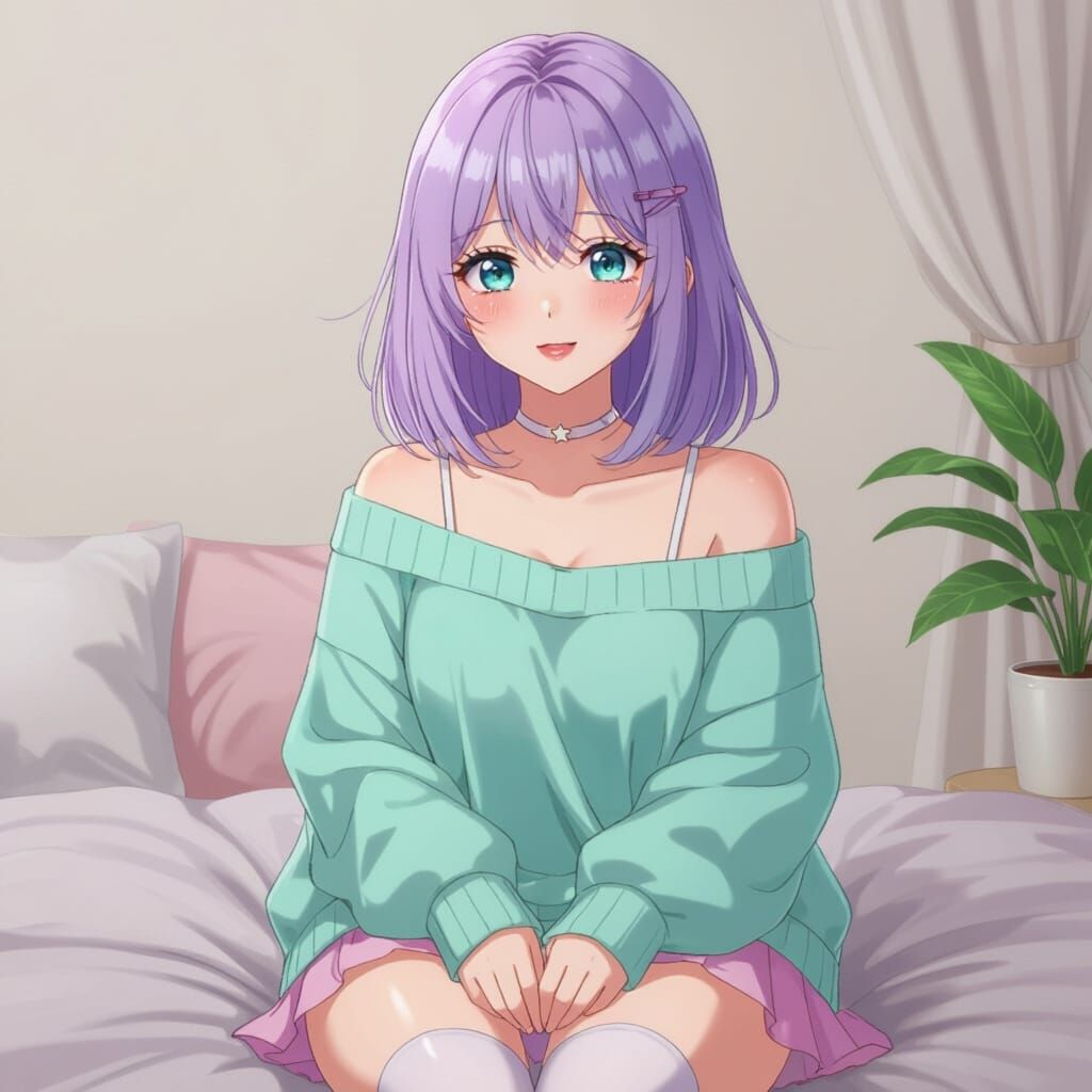 Shy Anime Girl in Pastel Hoodie and Thigh-High Socks