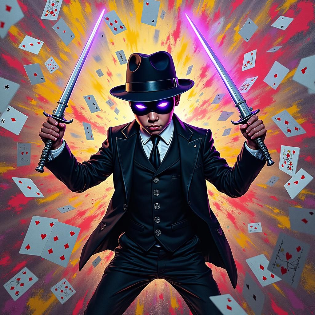 Boy with Swords Disappearing in Graffiti Art Style