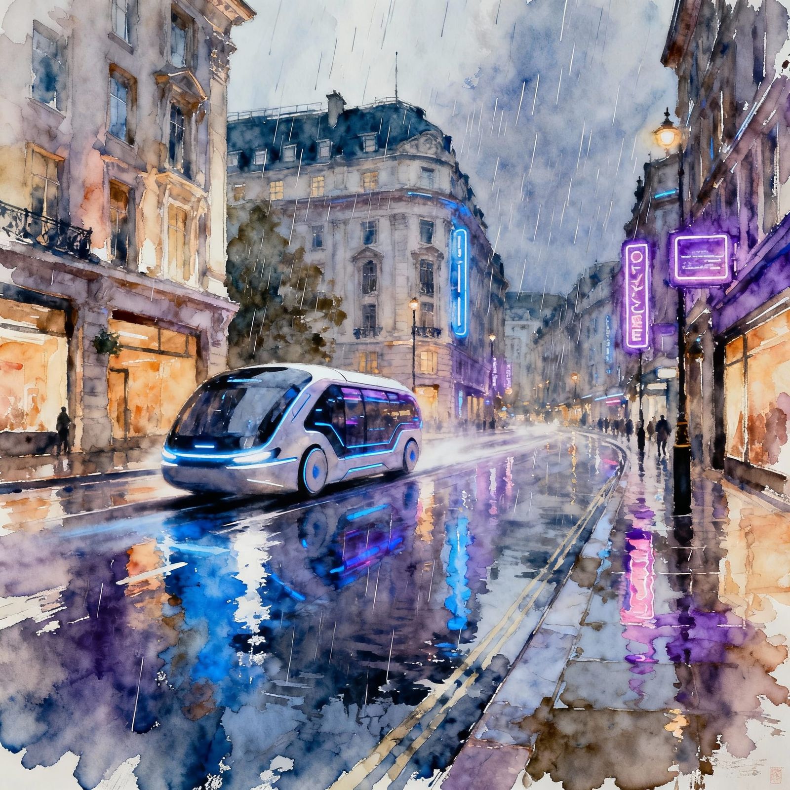 Watercolor Future London Street Scene With Automated Vehicle...