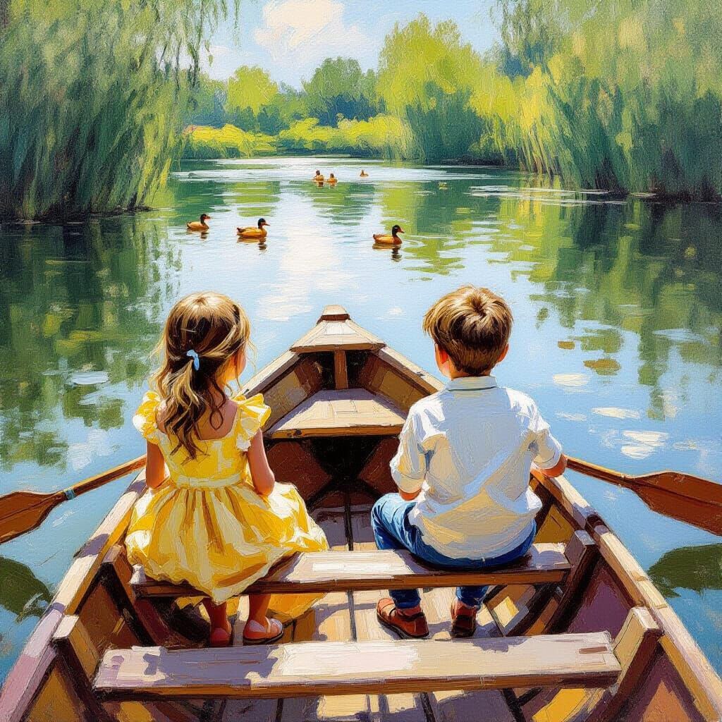 Children in Rowboat on Pond as Impressionistic Painting