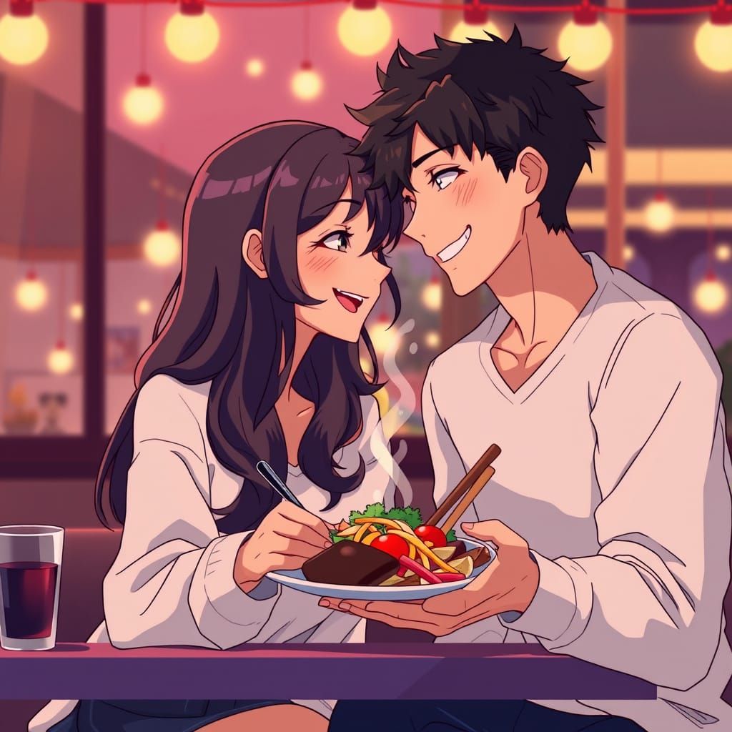Romantic Anime Couple Sharing Food
