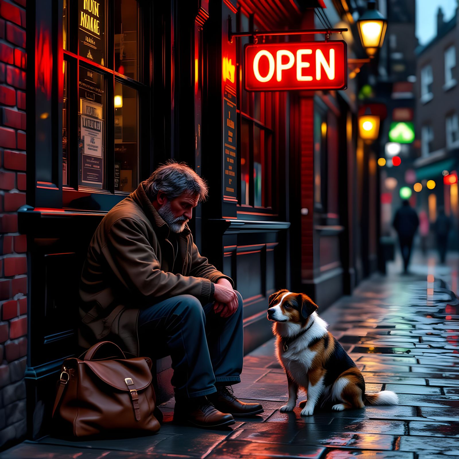 Man Begging with Dog on Rainy London Night