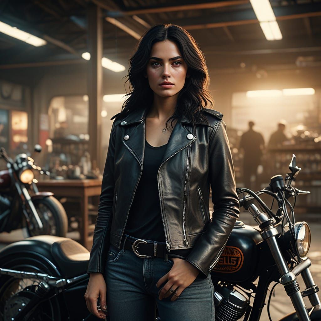 Mediterranean Biker Woman in Automotive Shop Cinematic Still