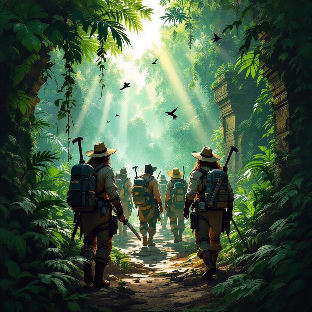 Adventurers Explore Sun-Dappled Jungle Ruins