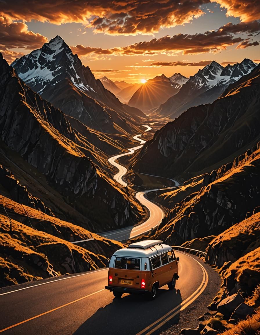 Campervan on Mountain Road at Sunset