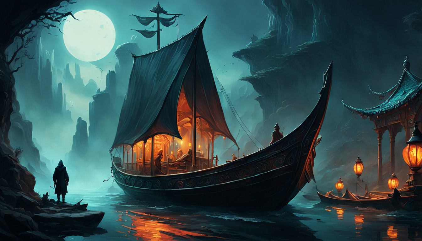 Mystical Ferryman in a Realm of Wonder