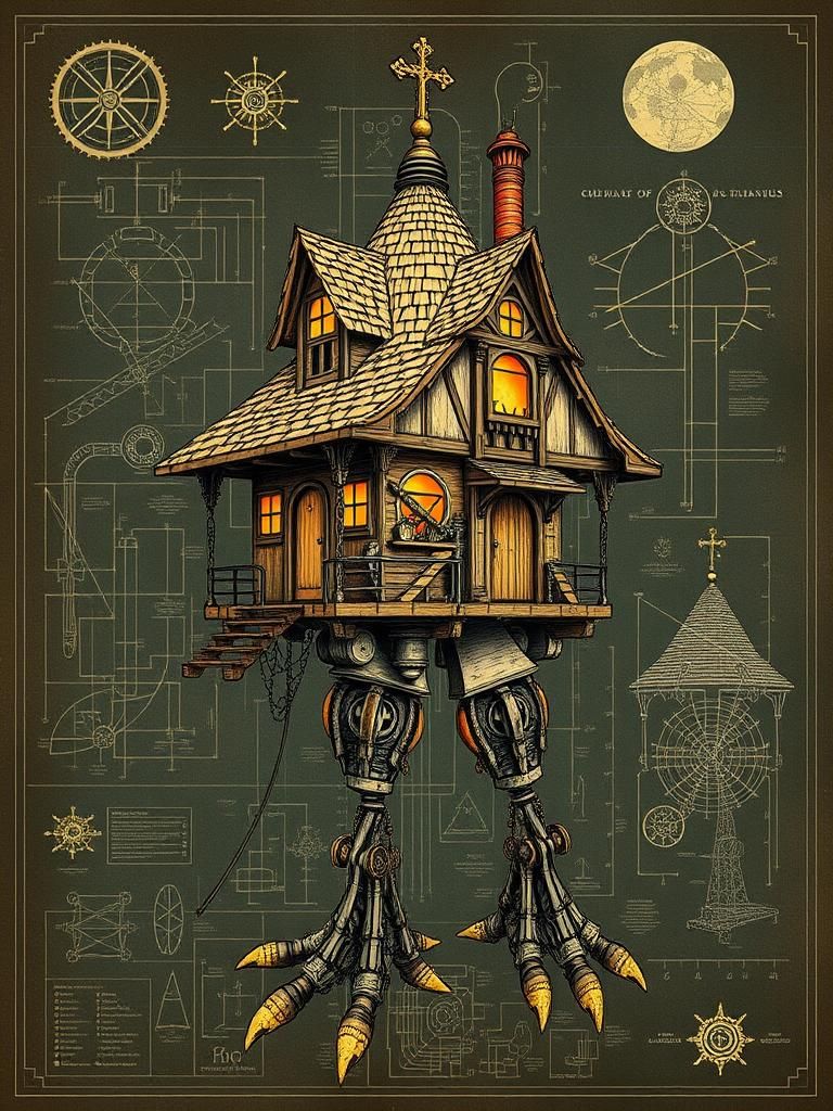 Baba Yaga's Hut: Steampunk Biomechanical Illustration