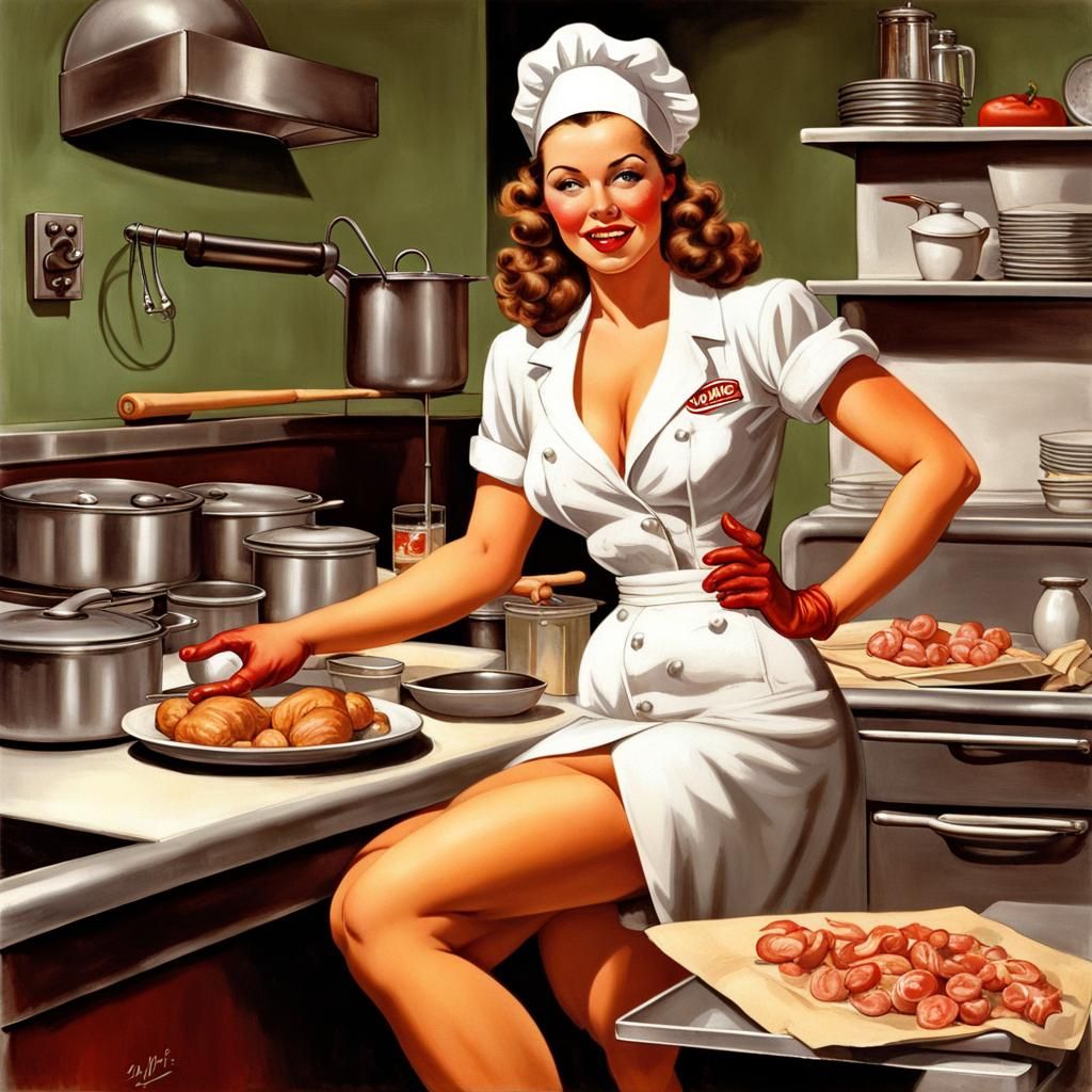 WWII Pin-Up Girl in Restaurant Kitchen: Hyperrealistic Art
