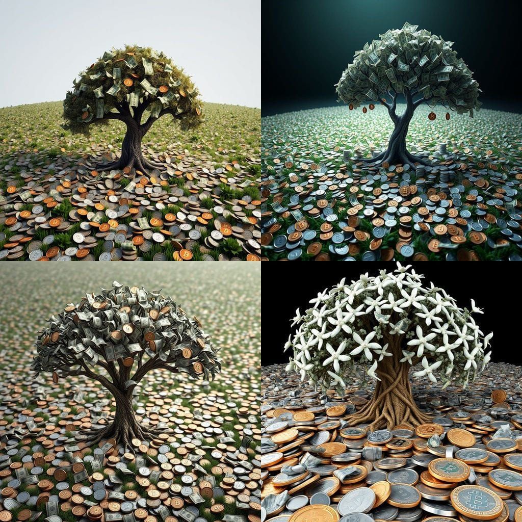A Luminous Money Tree Blooms in a Sea of Shimmering Coins