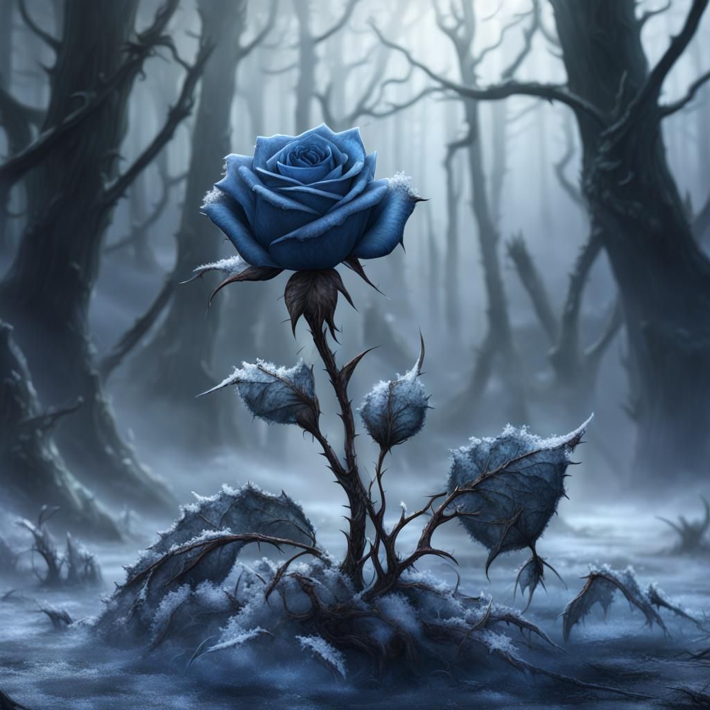 Frozen Blue Rose Petals in Gothic Forest
