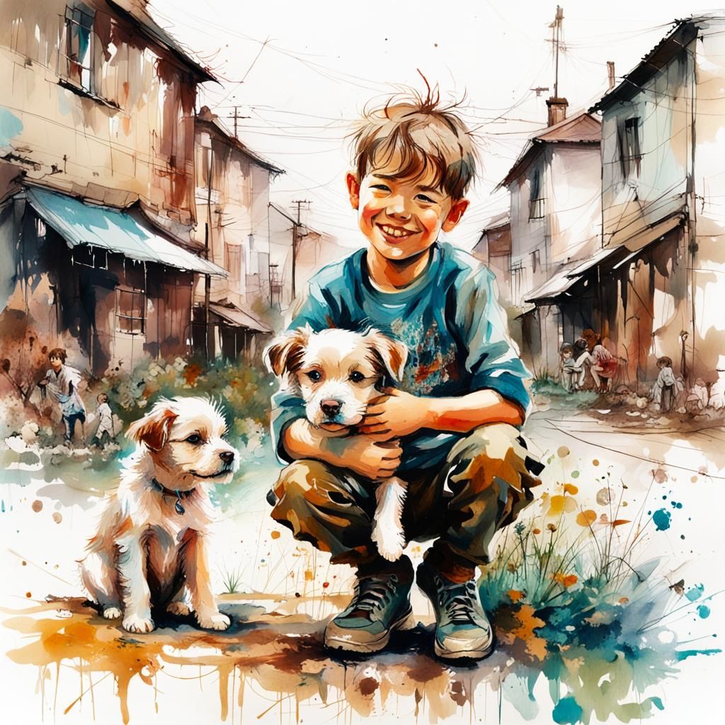 Boy and Puppy in Watercolor Style