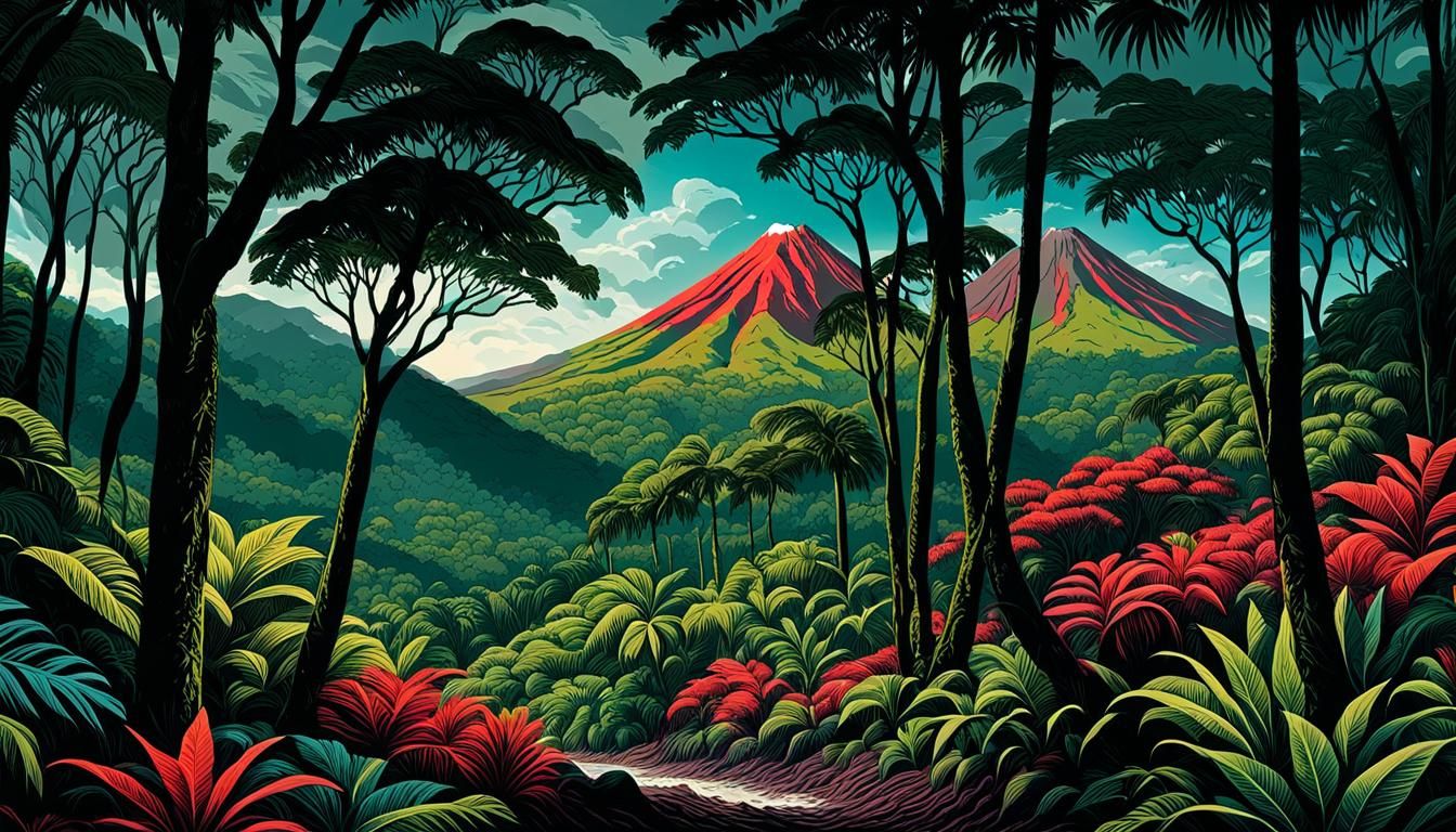 Arenal Volcano in Jungle: Colored Engraving