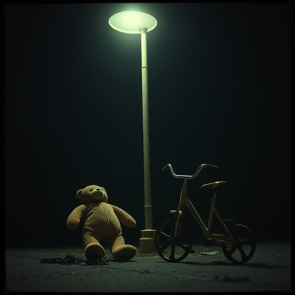 Streetlight Reveals Sadness: Abandoned Bear and Tricycle