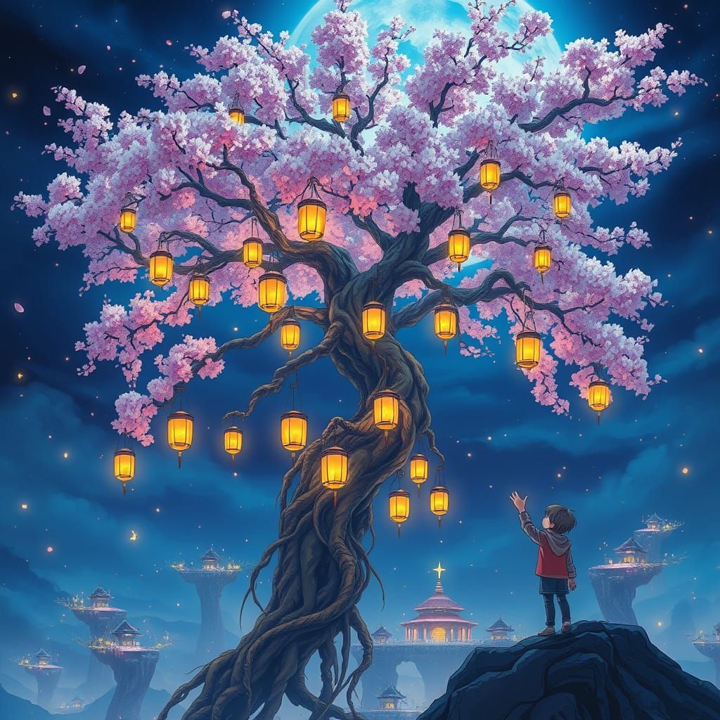 Upside-Down Cherry Blossom Tree in Anime Style