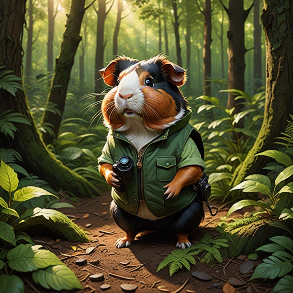 Youthful Guinea Pig Adventurer in Vibrant Forest