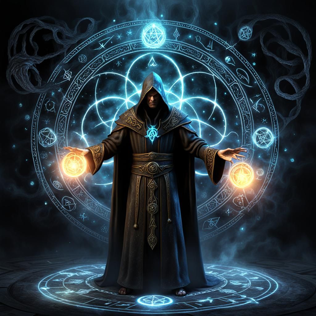 Mysterious Sorcerer Channeling Arcane Energies in 3D