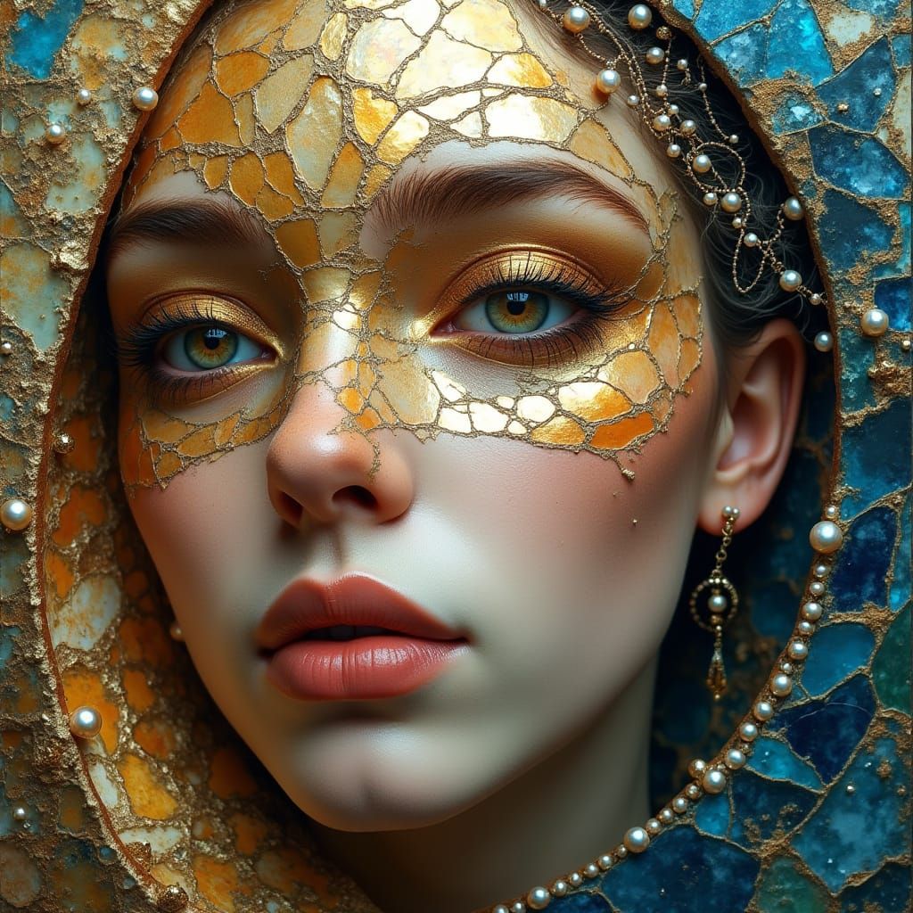 Surreal, Ornate Portrait with Shattered Glass and Pearls