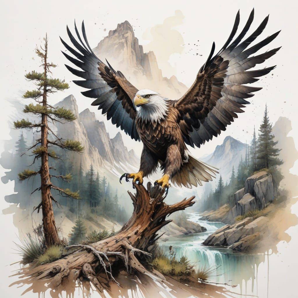 Regal Eagle Perched on Pine Branch Over Mountain Stream