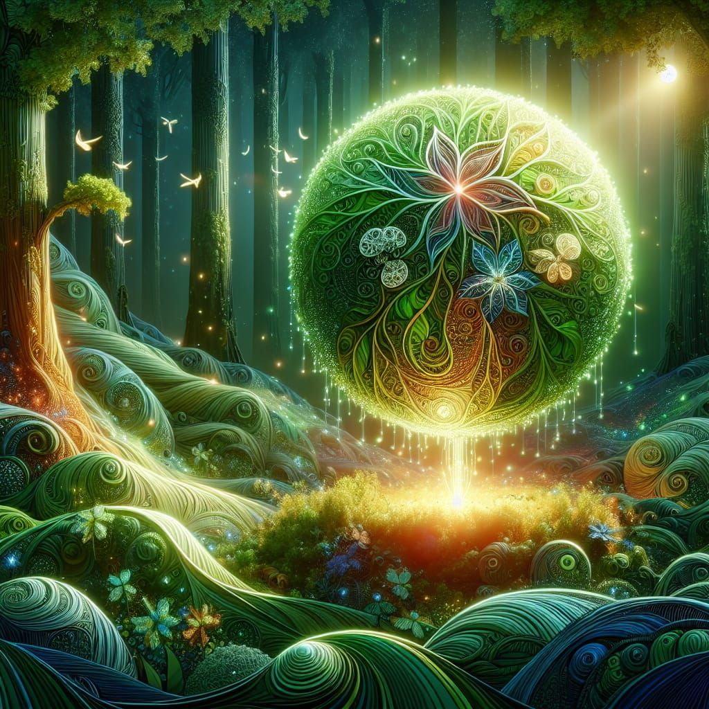 fantasy glowing orb made of leaves and flowers, middle of en...