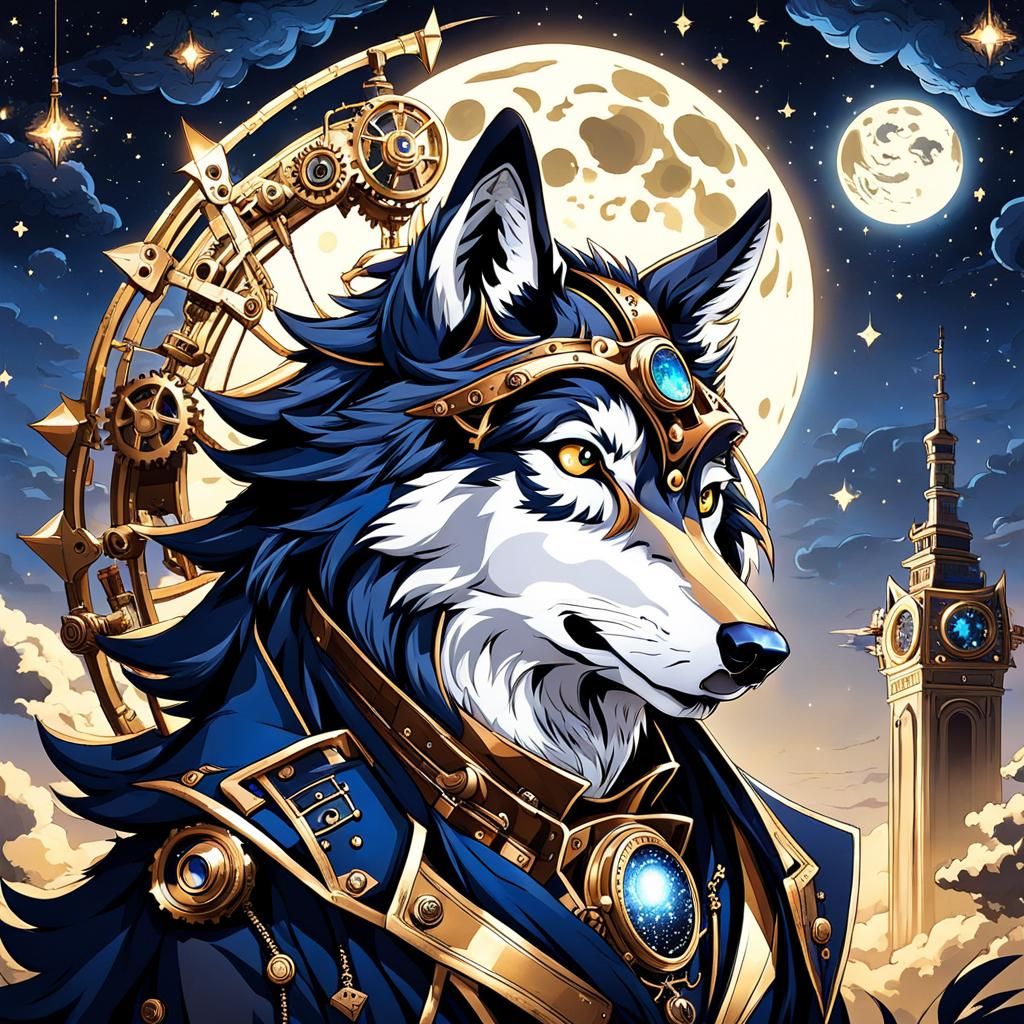 Steampunk Wolf Howling at Moonlit Starry Sky