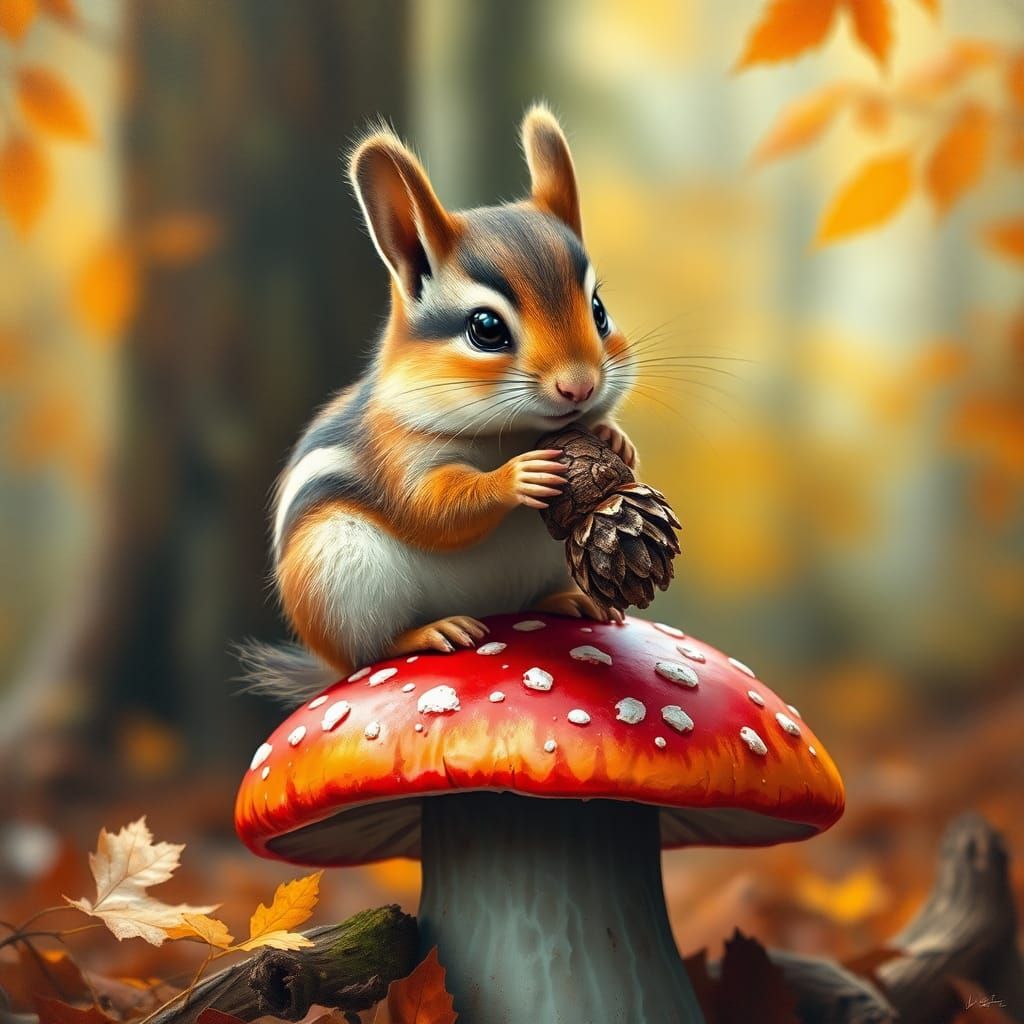Kawaii Chipmunk on Mushroom: Fantasy Oil Painting
