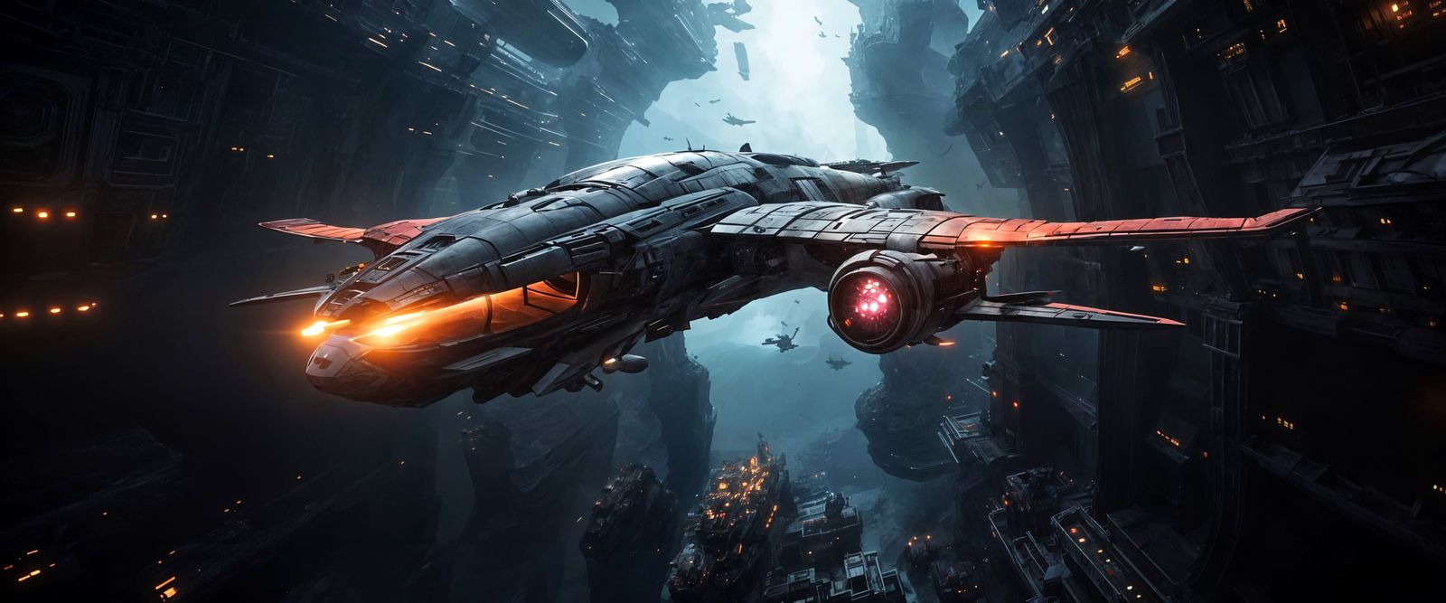 Glowing Cyberpunk Vulture Spaceship in Orbit